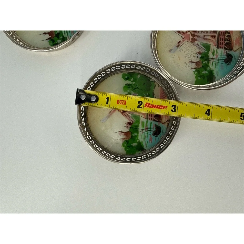 Vintage Porcelain Glass 4 Coasters Hand Painted Windmill Scene Metal Rim